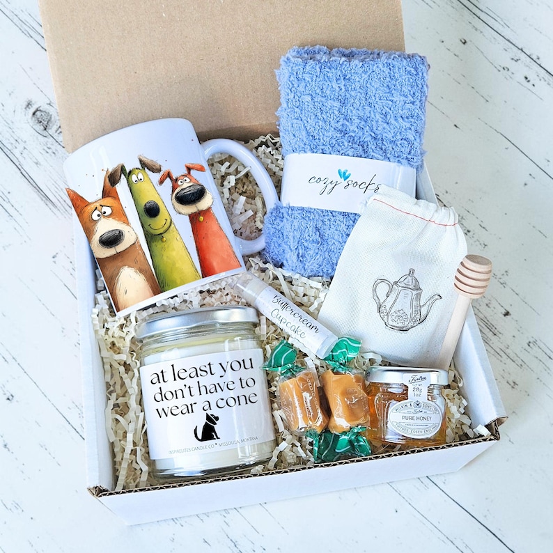 Pu&ograve; includere: Una confezione regalo piena di vari articoli. Include una tazza con cani dei cartoni animati, calzini blu, una candela con testo, una piccola borsa, miele, burrocacao e caramelle incartate. La candela recita "at least you don't have to wear a cone".