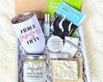 Half A Hundred Funny Birthday Gift for Her, Beauty Box with Mug Turning 50 Fiftieth Milestone Birthday