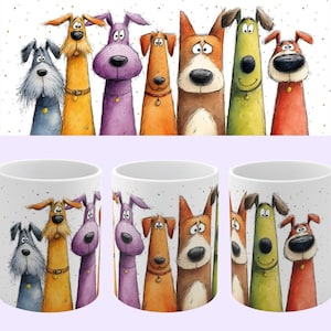 Pu&ograve; includere: Tazze in ceramica bianca con un design a cartoni animati di cani colorati. Il design presenta una fila di cani stilizzati in vari colori, tra cui grigio, giallo, viola, arancione, marrone, verde e rosso. Le tazze hanno un manico standard e una finitura lucida.
