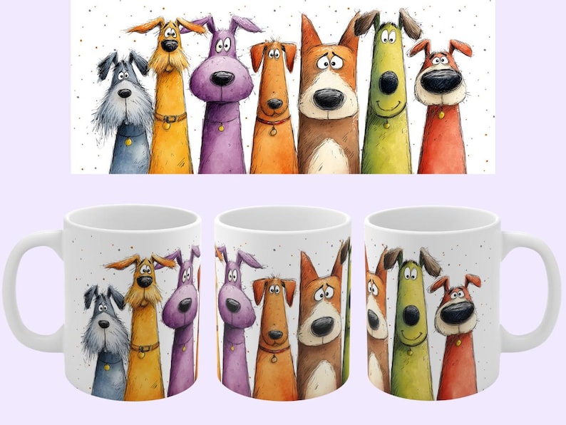 Pu&ograve; includere: Tazze in ceramica bianca con un design a cartoni animati di cani colorati. Il design presenta una fila di cani stilizzati in vari colori, tra cui grigio, giallo, viola, arancione, marrone, verde e rosso. Le tazze hanno un manico standard e una finitura lucida.