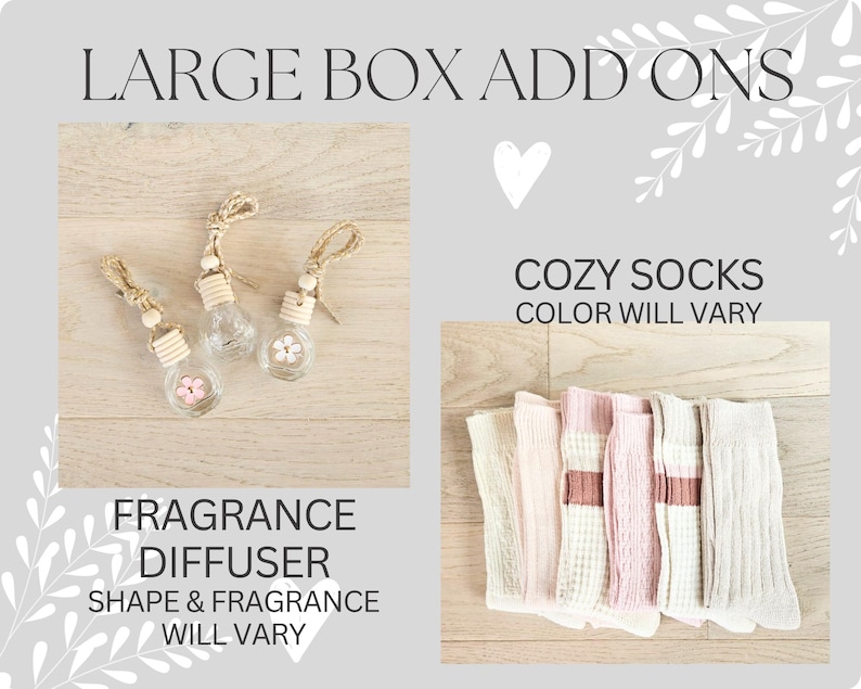 May include: The image presents a selection of items. Three glass fragrance diffusers with wooden accents and floral details are displayed. Additionally, several pairs of cozy socks in varying shades of pink and white are shown. Text on the image reads "LARGE BOX ADD ONS".