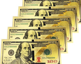 Shiny Gold 100 Dollar Bills Commemorative Sets. Selfie Money Novelty Prop Fun! Water Resistant!