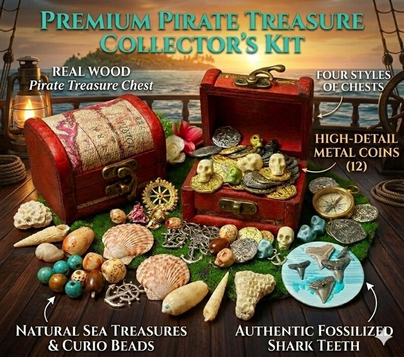 Pirate Treasure Chest Kit: Wood Chest, Metal Coins, Shark Teeth, Sea Treasures image 11