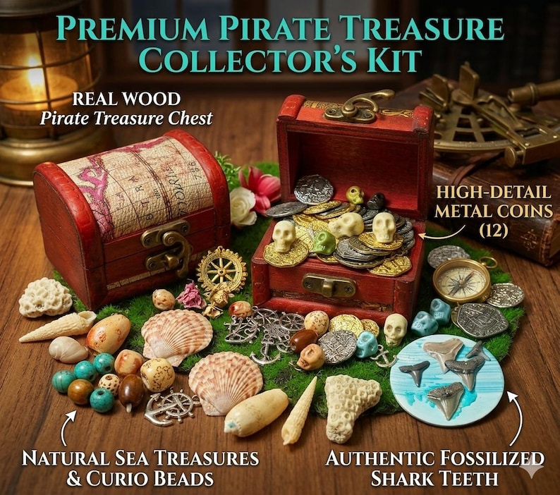 Pirate Treasure Chest Kit: Wood Chest, Metal Coins, Shark Teeth, Sea Treasures image 1