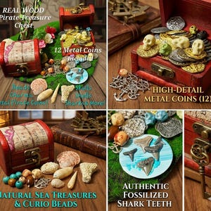 Pirate Treasure Chest Kit: Wood Chest, Metal Coins, Shark Teeth, Sea Treasures image 12