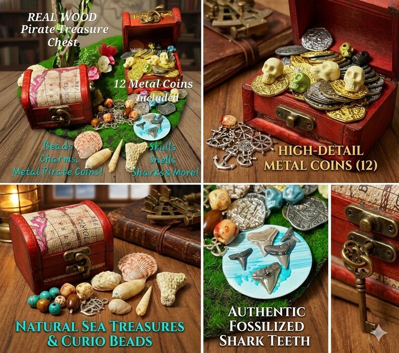 Pirate Treasure Chest Kit: Wood Chest, Metal Coins, Shark Teeth, Sea Treasures image 12