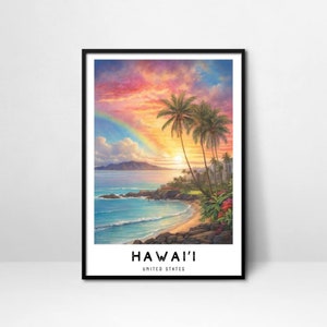 Hawaii Sunset Rainbow Printable, Hawaii Travel Poster Digital Download, Hawaii Wall Art, Wall Decor, Home Decor, Rainbow, House Warming Gift