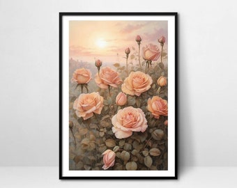 Bloemenprint, rozen muur kunst afdrukbaar, roze bloemen poster digitale download, bloemen wand decor, roze bloemen home decor, zachte muur kunst, cadeau