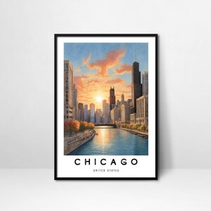 Chicago Skyline Sunset Wall Art Printable, Chicago Travel Poster Digital Download, Chicago Wall Art Decor Home Decor House Warming Gift
