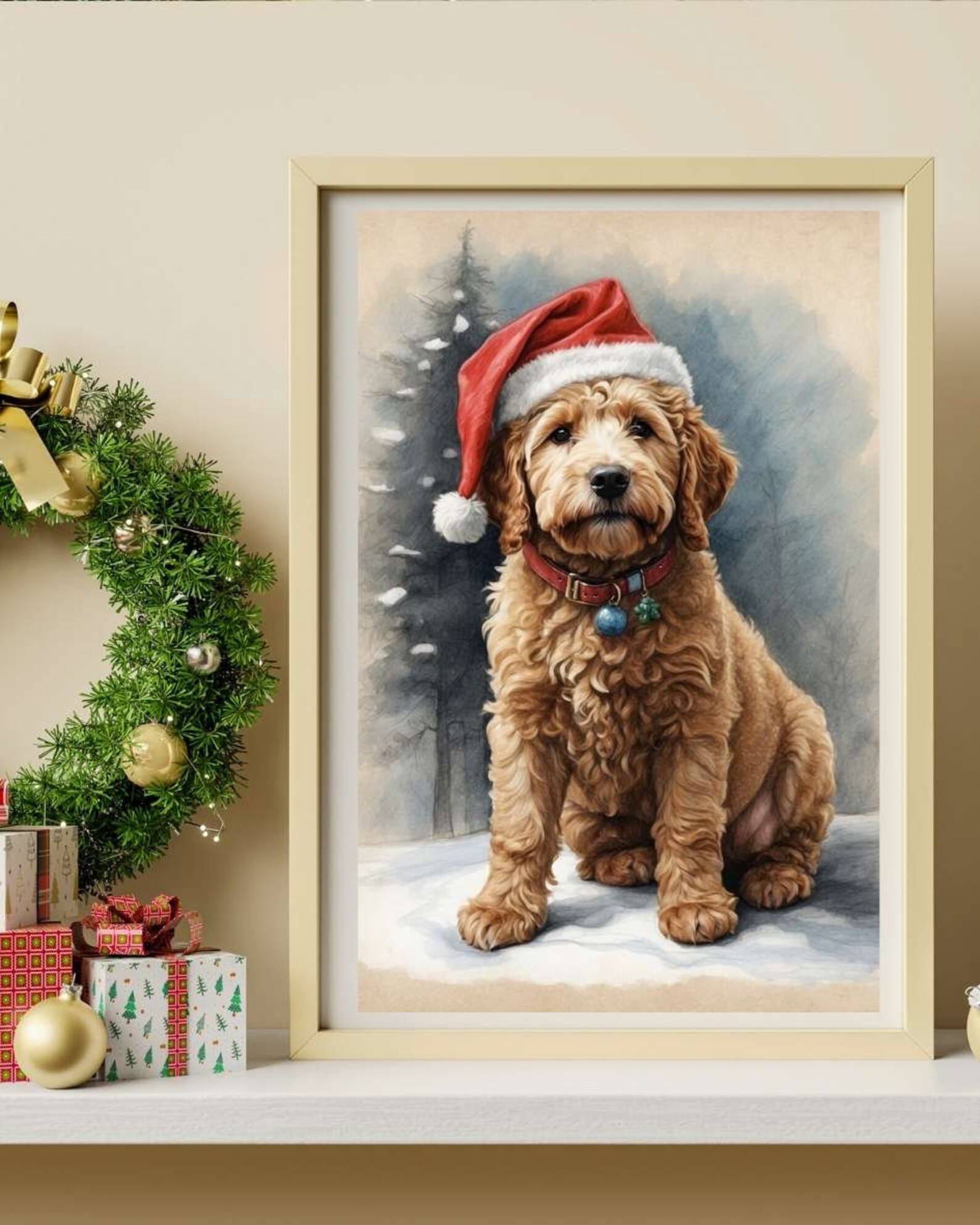 Christmas Goldendoodle Dog Christmas Art Digital Download, Christmas