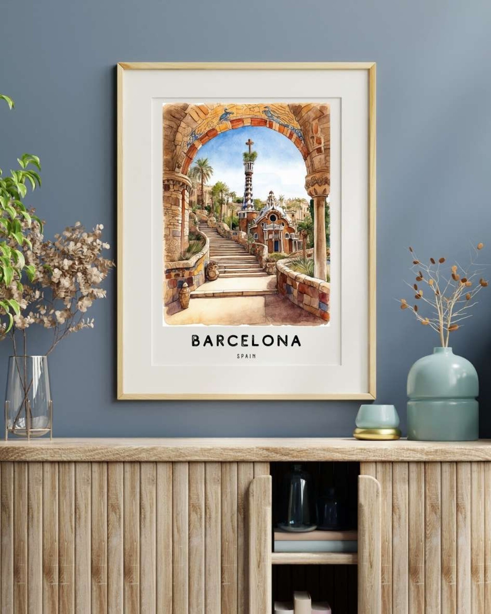 Barcelona Park Guell Art Printable, Barcelona Travel Poster Digital ...