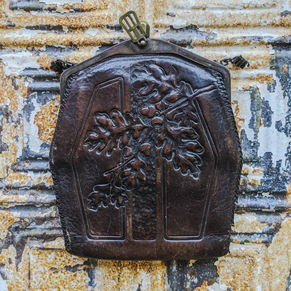 Arts & Crafts Tooled Leather Purse, Vintage Hand T