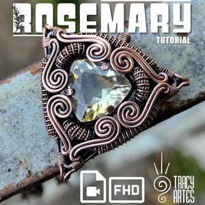 May include: A handcrafted copper wire pendant with a triangular, faceted, light-green gemstone at its center. The pendant features intricate wire wrapping and scrollwork. The word "ROSEMARY" is at the top, and "TUTORIAL" is to the right.