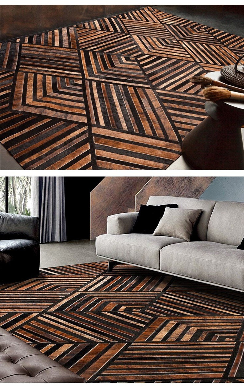 Handmade Brown and Black Cowhide Patchwork Rug Geometric Etsy