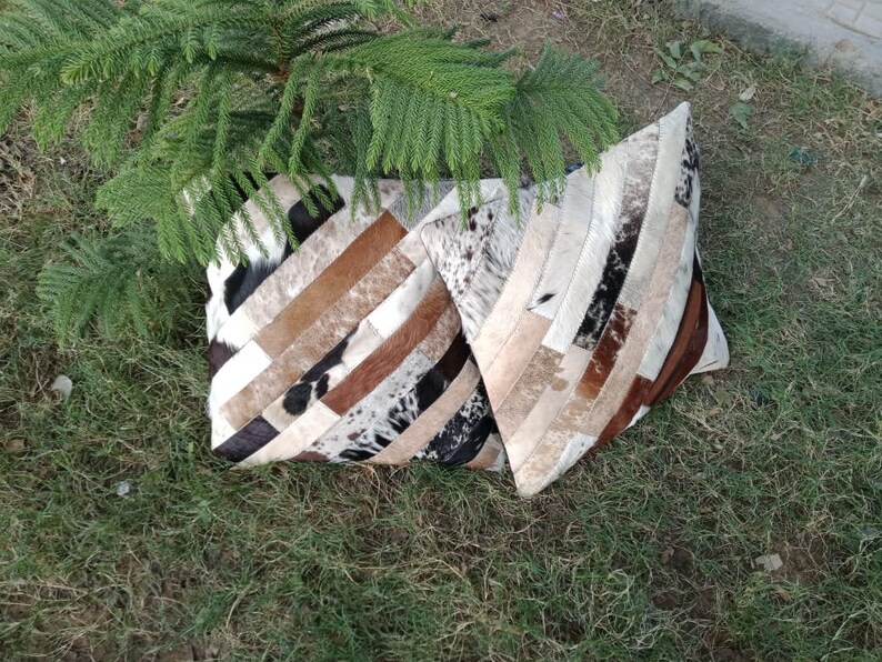 Set of 2 Exotic Tricolor Cowhide Cushion Pillowcases Stripe Design Multi Color Tri Color 16 X 16 Home Decor Cushion Pillow Covers Sofa Set