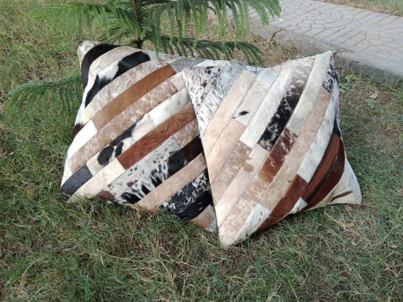 Set of 2 Exotic Tricolor Cowhide Cushion Pillowcases Stripe Design Multi Color Tri Color 16 X 16 Home Decor Cushion Pillow Covers Sofa Set