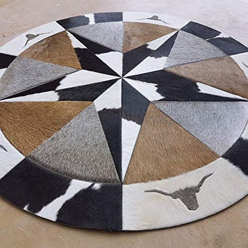 Handmade Round Patchwork Cowhide Rug Star Skull Design Brown Etsy UK