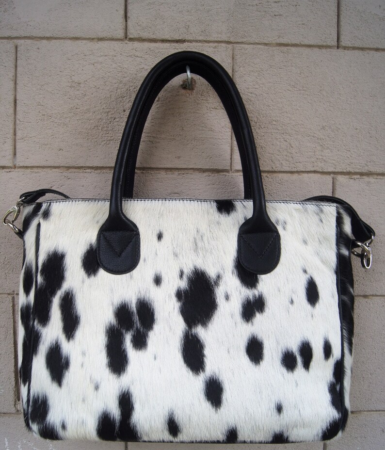 Real Cowhide Tote Hair on Black and White Cowhide Purse Bag Cow Hide Handbag Shoulder Bag Cow Skin Women bag Contrast Piping Tote Bags