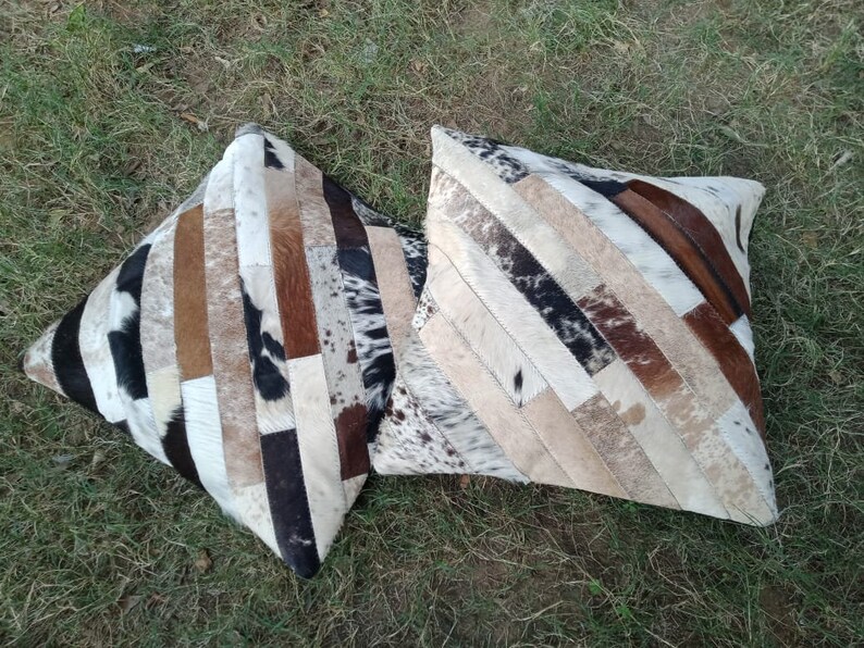 Set of 2 Exotic Tricolor Cowhide Cushion Pillowcases Stripe Design Multi Color Tri Color 16 X 16 Home Decor Cushion Pillow Covers Sofa Set