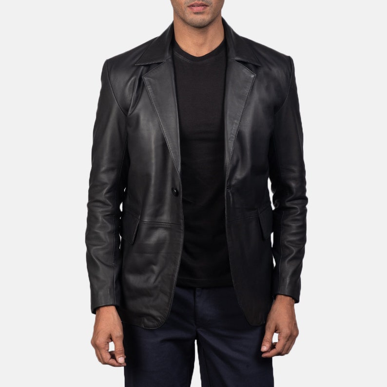 Top Quality Jackets for Winter Mens Black Leather Blazer Jacket Hand Made Black Leather Black With Notch Collar Mens leather Jacket