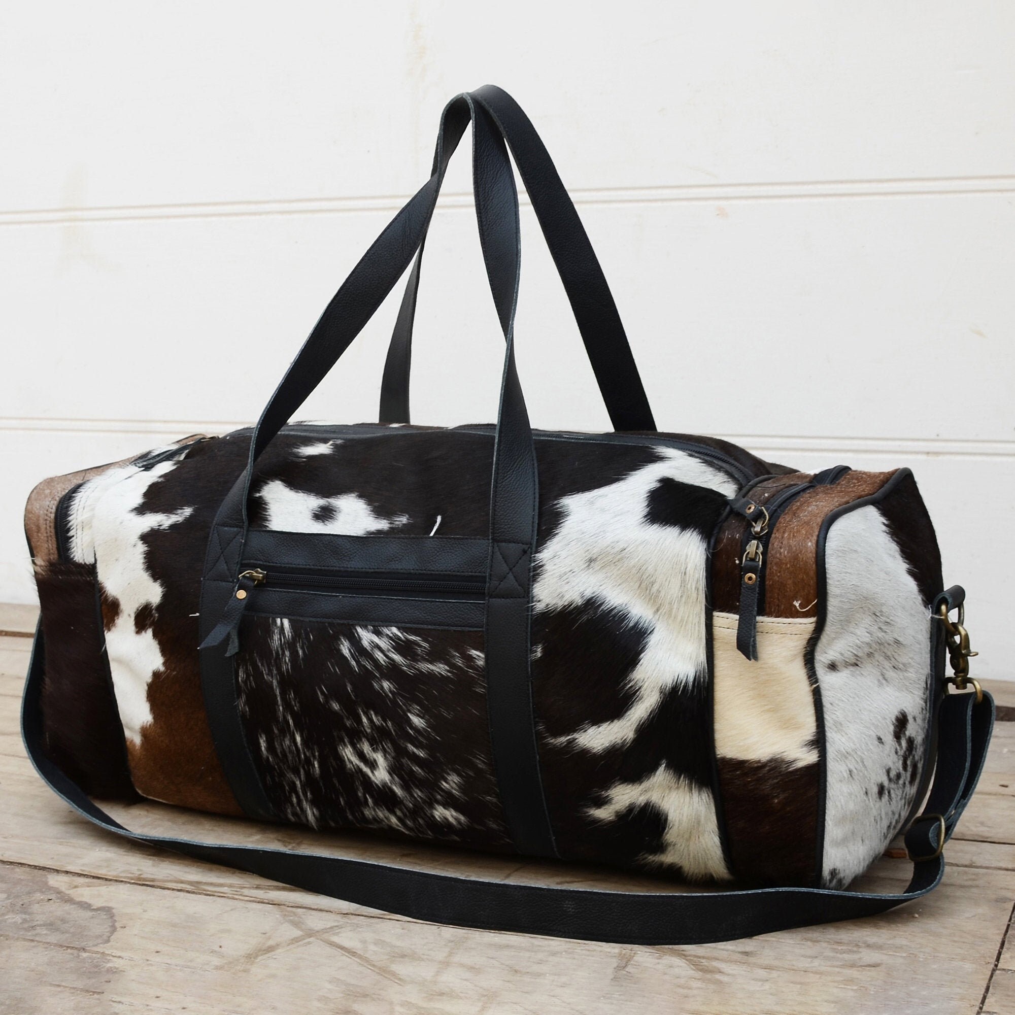 Tricolor Cowhide Leather Duffel Bag Large Cow hide Travel Tri Etsy