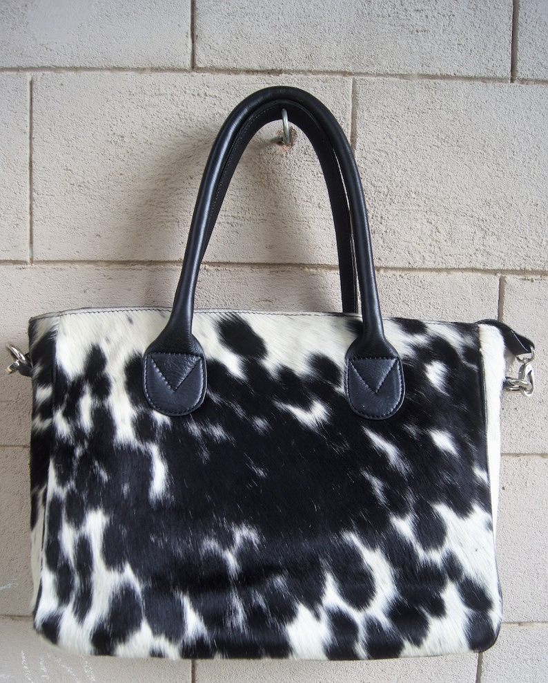 Real Cowhide Tote Hair on Black and White Cowhide Purse Bag Cow Hide Handbag Shoulder Bag Cow Skin Women bag Contrast Piping Tote Bags