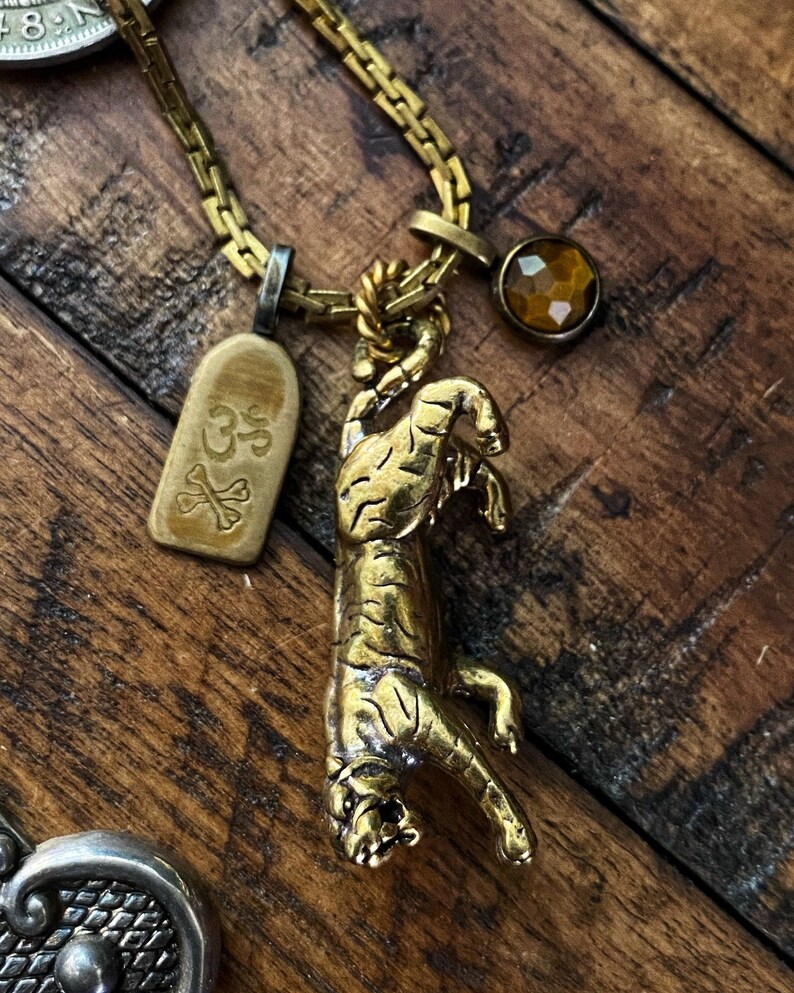 Pirate Chainz custom Gold toned brass 24” necklace w/ heavy Tiger gemstone faceted tigers eye Thai lucky pendant unisex goth biker jewelry image 4