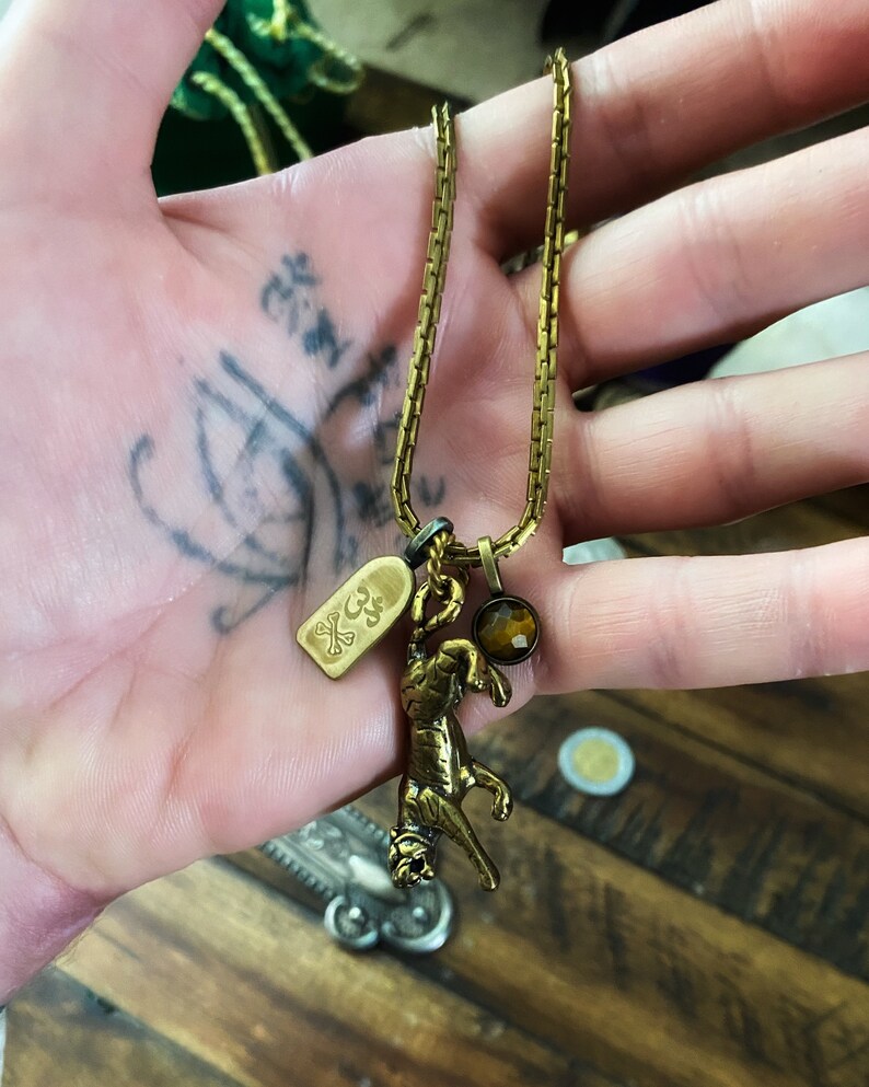 May include: A gold chain necklace with a tiger charm, a small tag with a skull and crossbones, and a brown gemstone pendant.