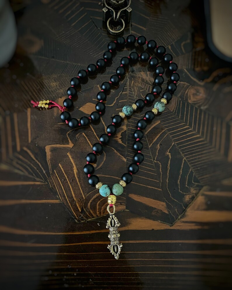 Golden Buddha Amulet on African Turquoise prayer beads mala bracelet main image 1