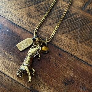 May include: A gold chain necklace with a tiger charm, a small tag with the word "Om" engraved on it, and a brown gemstone.