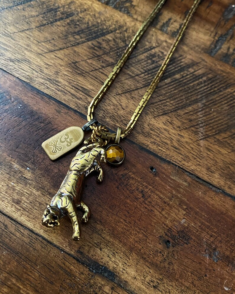 May include: A gold chain necklace with a tiger charm, a small tag with the word "Om" engraved on it, and a brown gemstone.