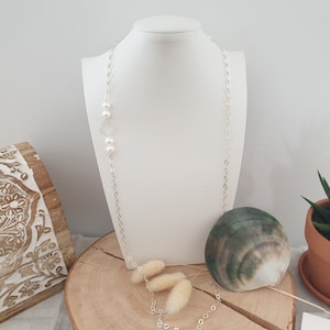 women&#39;s long necklace in white pearls, 925/1000 silver long necklace, women&#39;s long necklace, pearl necklace, white pearl jewelry, silver necklace