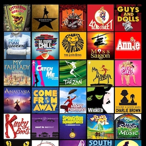 May include: A collage of Broadway musical posters featuring titles like "Hamilton", "The Lion King", "Wicked", "The Phantom of the Opera", "West Side Story", and "Aladdin".