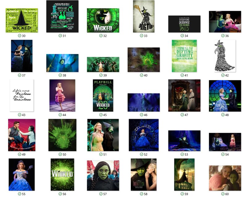 May include: A collage of images featuring the musical Wicked. The images include the Wicked logo, the characters Elphaba and Glinda, and various scenes from the musical.