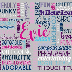 May include: A grey background with a pink, blue and purple word cloud. The word "Evie" is in large pink letters in the centre of the word cloud. The word cloud includes words like "friendly", "spunky", "fearless", "sparkly", "unique", "independent", "generous", "athletic", "outgoing", "energetic", "fun-loving", "adorable", "fast", "fun", "competitive", "electric", "hilarious", "loud", "happy", "strong", "confident", "intuitive", "nice", "witty", "brave", "funny", "compassionate", "persuasive", "entertaining", "born leader", and "thoughtful".