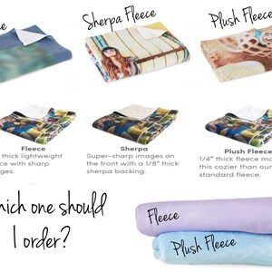 May include: Three different types of fleece blankets are shown: fleece, sherpa, and plush fleece. Each blanket has a different thickness and texture. The text below each blanket describes the features of each type of fleece. The text "Which one should I order?" is written below the blankets.