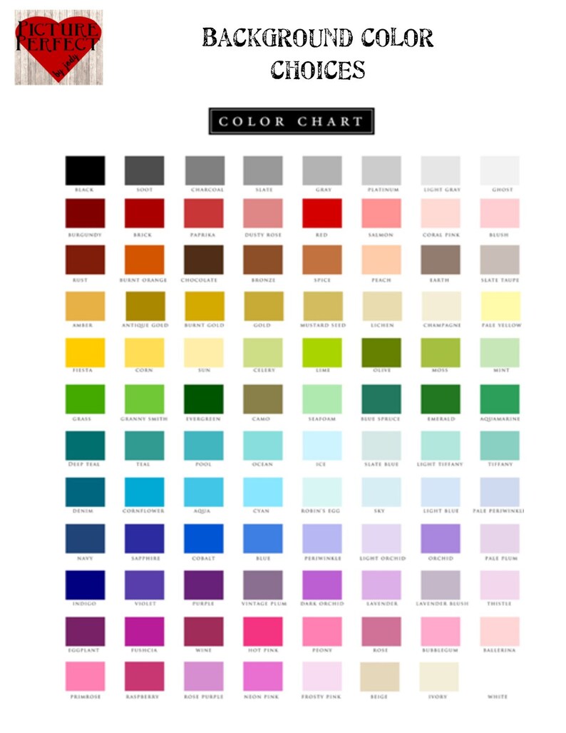 May include: Color chart with 100 different color swatches. Each swatch is labeled with a color name. The chart is titled "Background Color Choices" and "Color Chart".