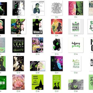May include: A collage of 29 images featuring various designs inspired by the musical Wicked. The images include characters, quotes, and logos from the show. The images are arranged in a grid pattern.
