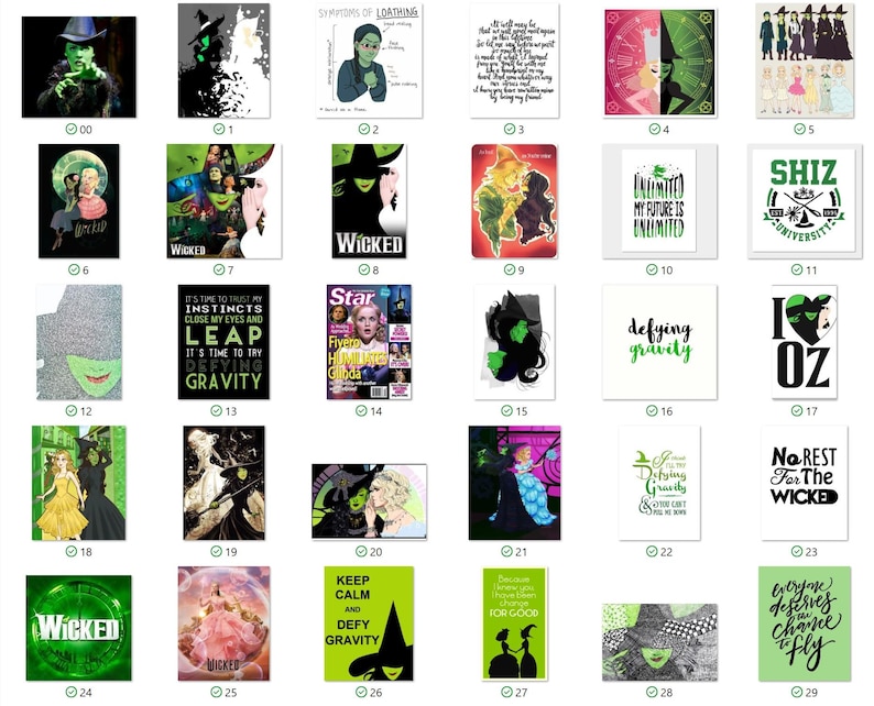 May include: A collage of 29 images featuring various designs inspired by the musical Wicked. The images include characters, quotes, and logos from the show. The images are arranged in a grid pattern.
