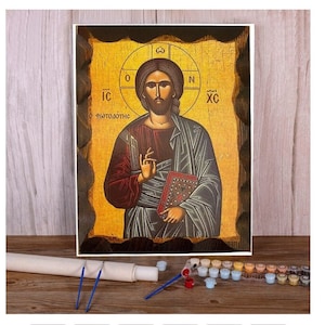 Paint by number DIY Pantocrator Orthodox Icon Painting plus a Set of Acrylic Paints image 1