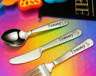 Personalized Kids Cutlery Set: Stainless Steel Animal Design, Engraved Name christmas gift