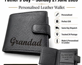 Personalised Mens Black Leather Wallet Engraved Father’s Day Gift for Dad