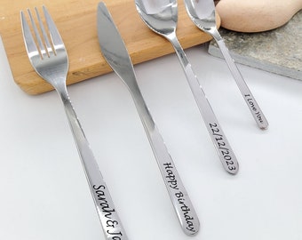 Engraved cutlery 4pc set personalised Stainless Steel Fork Knife Spoon Utensils boyfriend gift set dad fathers day christmas gift birthday