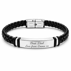 May include: A black braided leather bracelet featuring a polished stainless steel rectangular centre plate engraved with the text "Best Dad Love from Emma xx". The bracelet includes a stainless steel clasp closure with the words "STAINLESS STEEL" visible.
