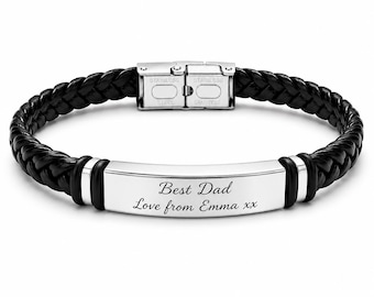 Gepersonaliseerde gevlochten leren herenarmband, gegraveerd met naam, datum of boodschap. Cadeau voor hem.