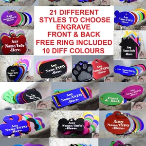 Könnte beinhalten: Eine Auswahl von 21 verschiedenen Hunde- und Katzenmarken in verschiedenen Formen und Farben, darunter Herzen und Knochen. Jede Marke kann mit individuellen Informationen graviert werden. Ein kostenloser Ring ist enthalten.