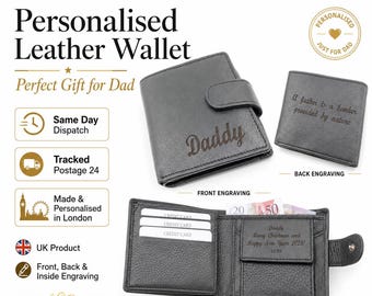 Cartera de cuero negro personalizada para hombre, grabada, regalo para el Día del Padre.