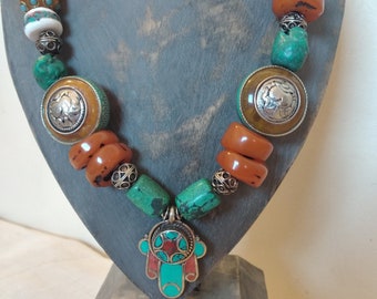 Necklace of Turquoise Stones and Amber Colored Resin, Personalized Ethnic Art, Pendant Necklace, Original Berber Turquoise for Women