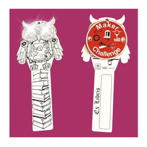 May include: Two owl-shaped bookmarks. One is a black and white illustration with a stack of books and bright lights for eyes. The other has a red circle with the words "Maker Challenge" and various icons. The bottom of each bookmark reads "Ex Libris".