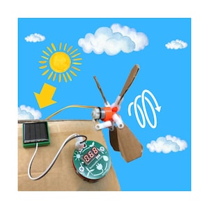 May include: A DIY solar-powered wind turbine model with a small solar panel, a propeller, and a digital display showing energy output. The background features a blue sky with a sun, clouds, and an arrow indicating the direction of the sun's rays.